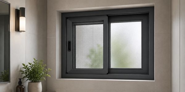 Modern bathroom window with frosted glass and black frame.