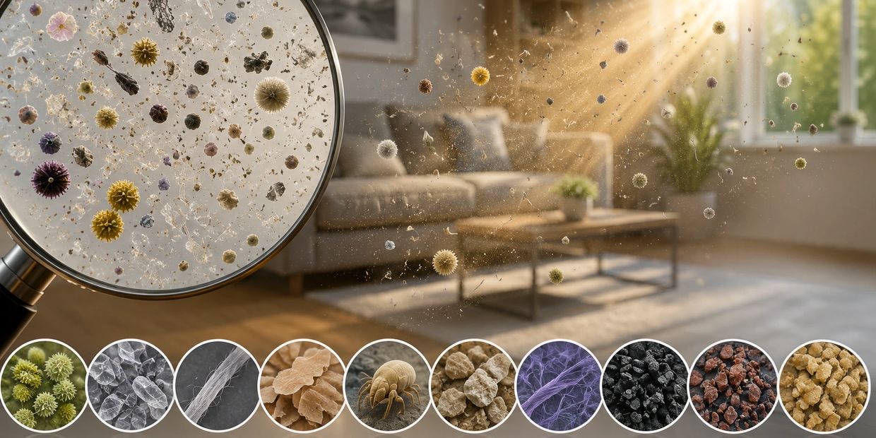 Indoor air quality illustration showing dust, pollen, fibers, and other airborne particles.