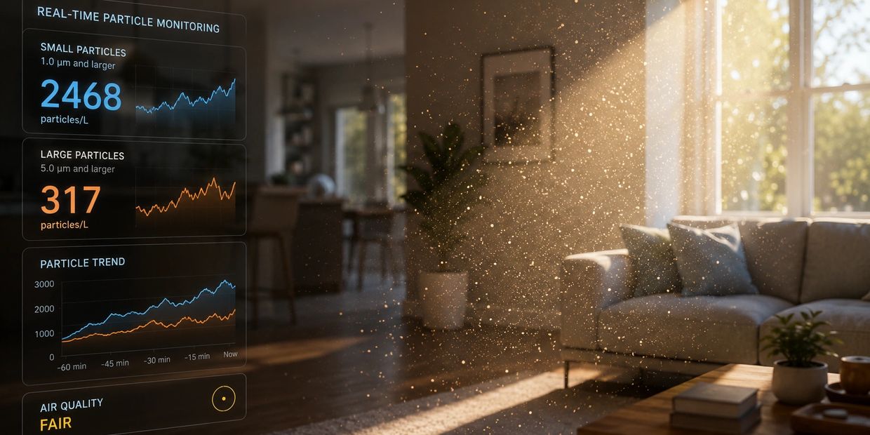 Sunlit living room showing airborne particles with a real-time indoor air quality monitoring display