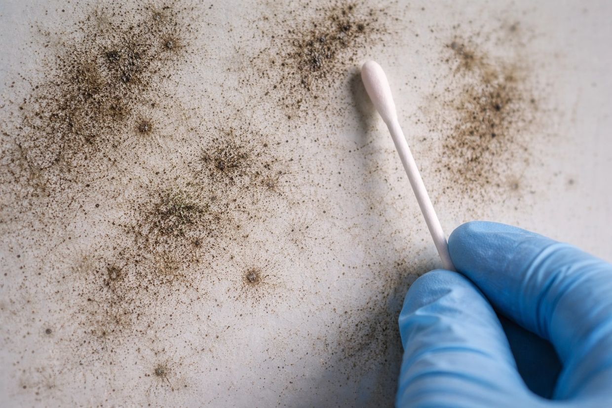 Swab sample being collected from visible mold growth for laboratory analysis and identification