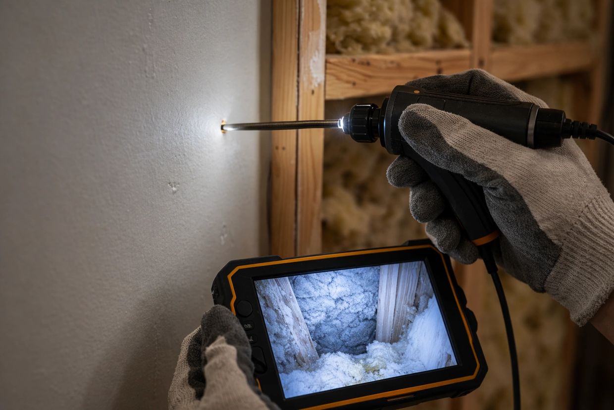 Inspector using a borescope camera to visually inspect inside a wall cavity for hidden mold growth 