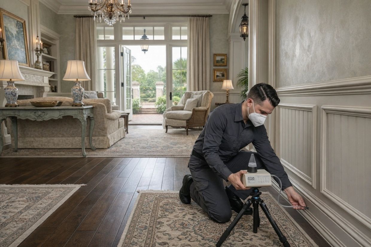 Air sample being collected from inside wall cavity to detect hidden mold behind drywall in a home