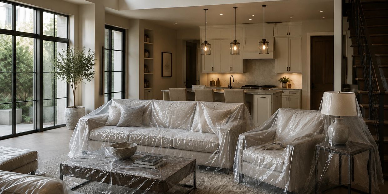 Living room furniture covered in protective plastic sheets.