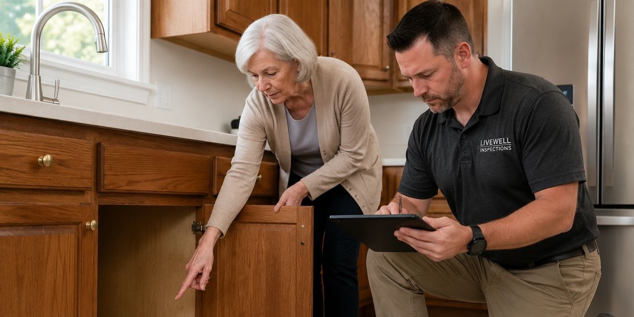 Homeowner showing a suspected mold concern under a kitchen sink to a LiveWell Inspections inspector.