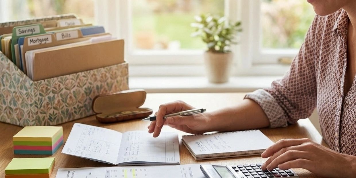 Person reviewing mold inspection-related paperwork and calculating costs at a desk with a calculator