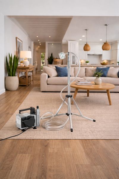 Medical suction device set up in a modern living room.