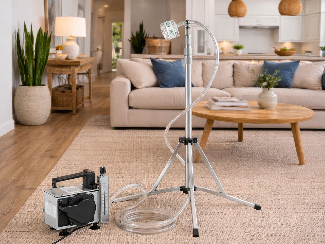 Medical oxygen concentrator setup in a modern living room with beige furniture.