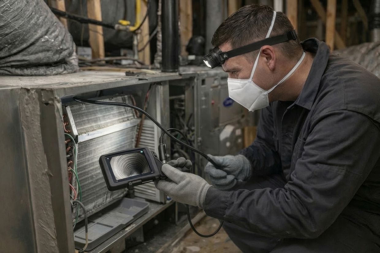 HVAC inspection using a borescope camera to examine inside ductwork for mold growth