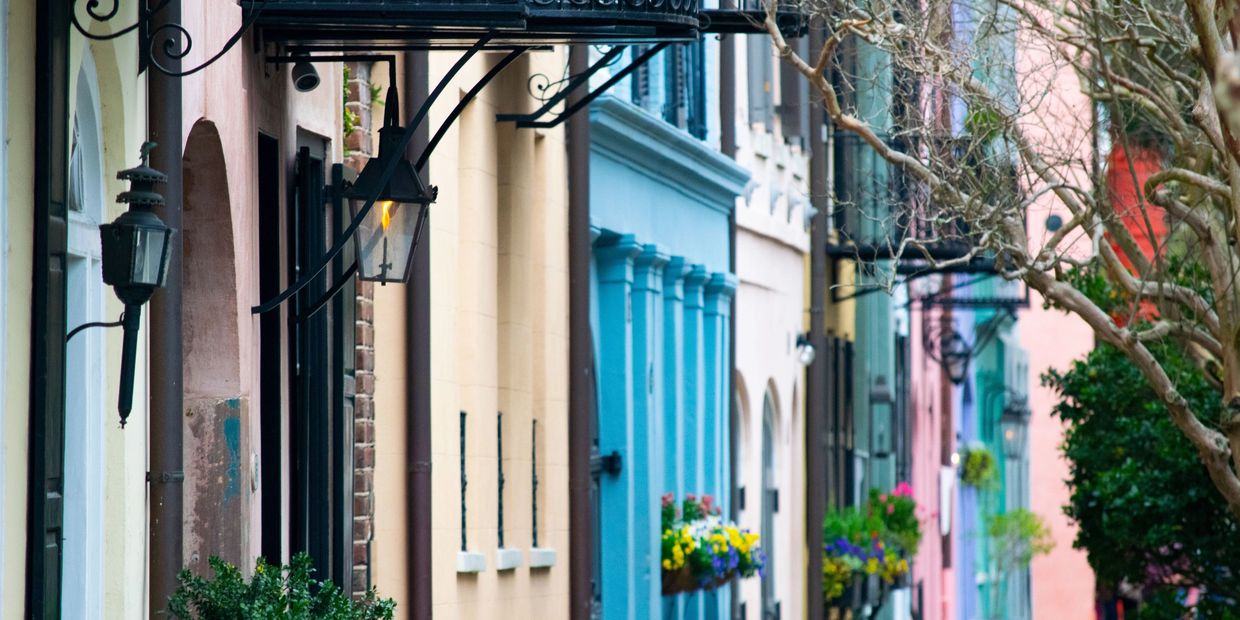 Rainbow Row located in downtown Charleston, South Carolina