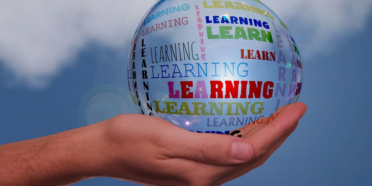 Hand holding a globe with the word 'LEARNING' in various fonts and colors.