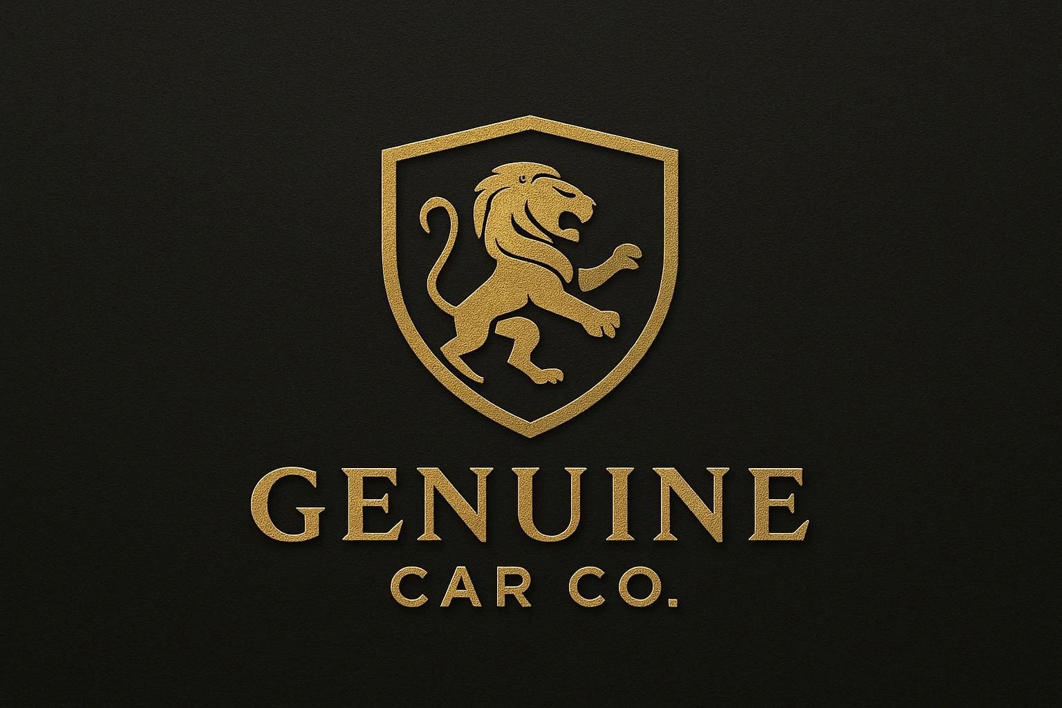 Golden lion emblem and text for Genuine Car Co. on black background.
