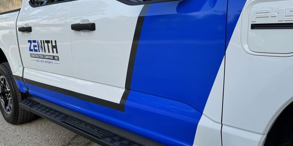 A wrapped truck with vinyl graphics