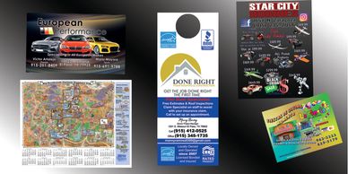 postcards, business cards, flyers, posters, door hanger, coupons, handouts, magnets