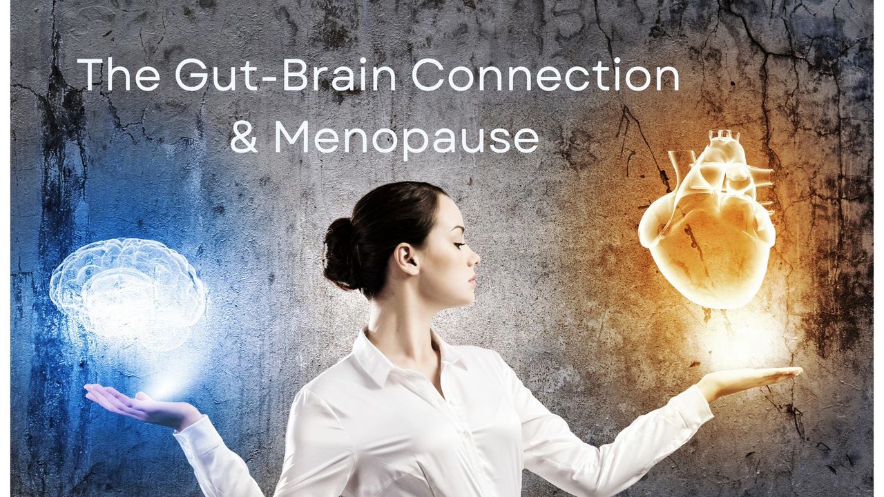 A woman holding a brain in one hand, and a stomach in the other