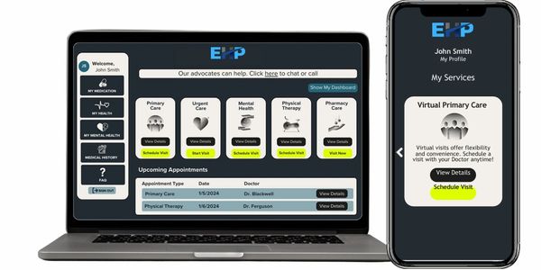 Healthcare service dashboard and mobile app showing appointment scheduling options.