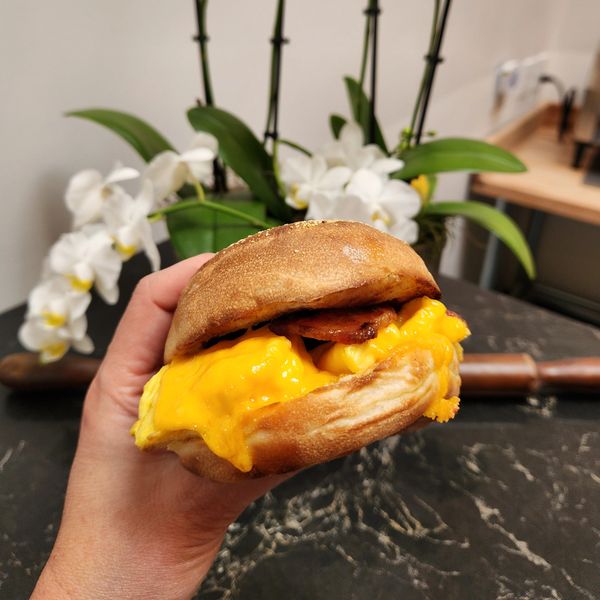 Hand holding a breakfast sandwich with melted cheese and bacon.