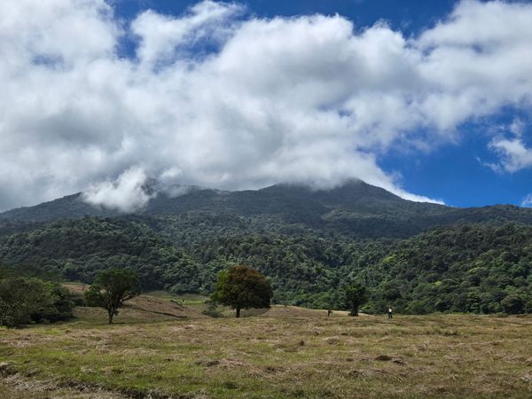 Mountain covered with clouds and greenery under a partly cloudy sky.