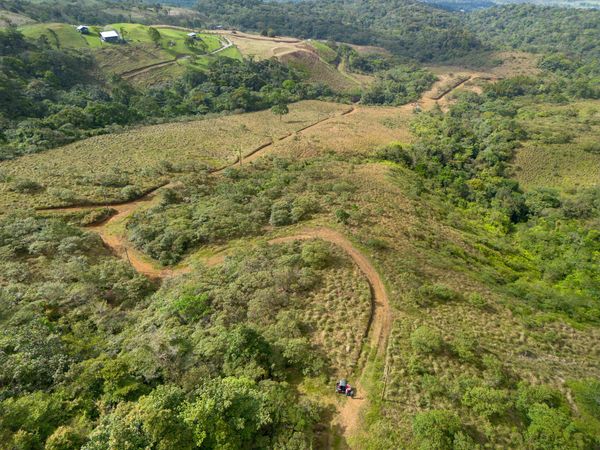 Aerial view of winding dirt paths in a green hilly landscape.