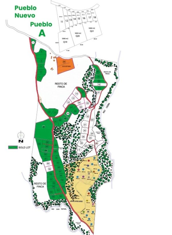 Map of Pueblo Nuevo Pueblo A showing sold lots, finca areas, and residential zones.