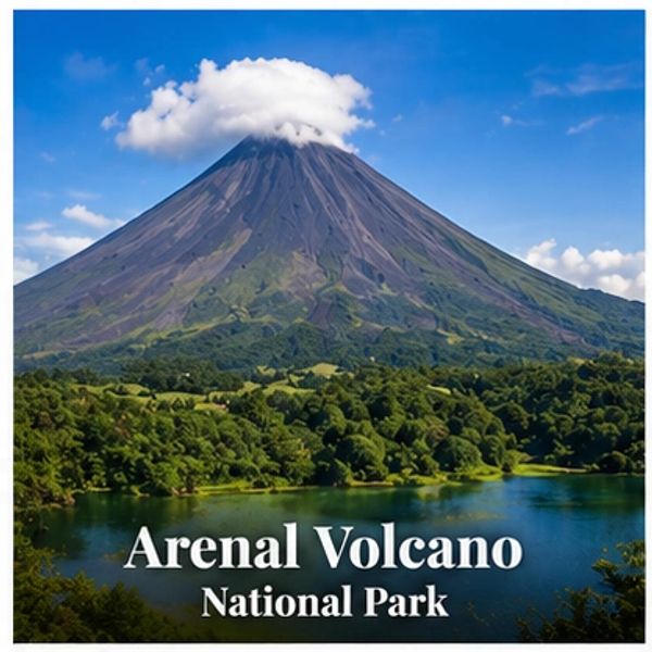Arenal Volcano towering over lush green forest and a serene lake under a blue sky.