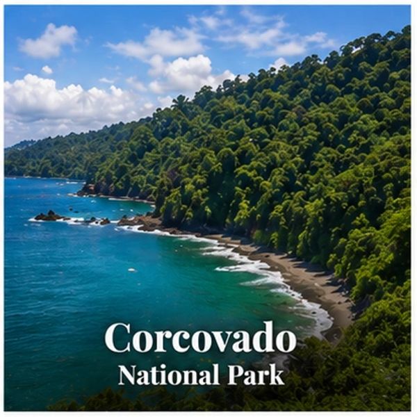 A lush green coastline at Corcovado National Park with blue ocean waters.