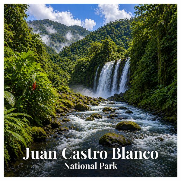 Lush green mountains and a cascading waterfall in Juan Castro Blanco National Park.