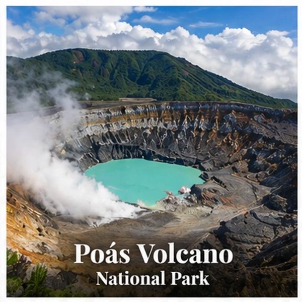 Poás Volcano crater with turquoise lake at the national park under a blue sky.
