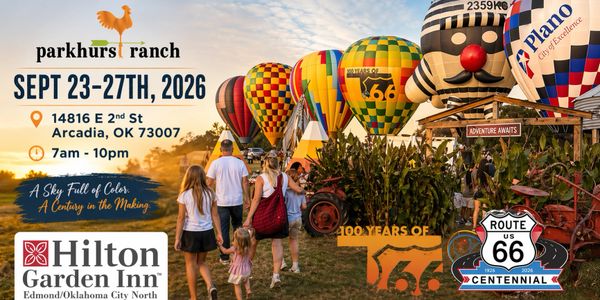 Family enjoying a colorful hot air balloon event at Parkhurst Ranch, Oklahoma in 2026.