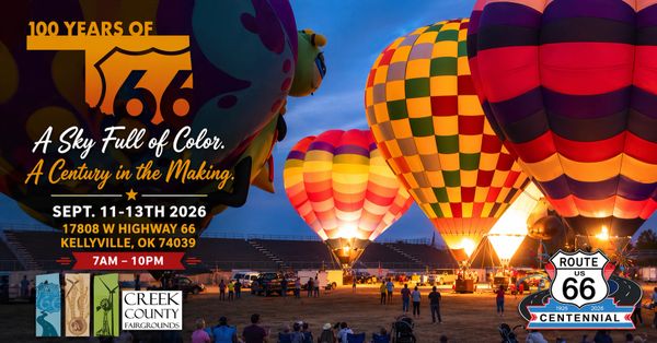 Hot air balloons glow at a Route 66 centennial event in Kellyville, Oklahoma.