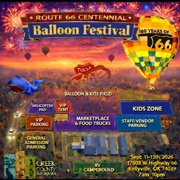 Colorful Route 66 Balloon Festival map with events and parking zones, set against a sunset sky with fireworks.