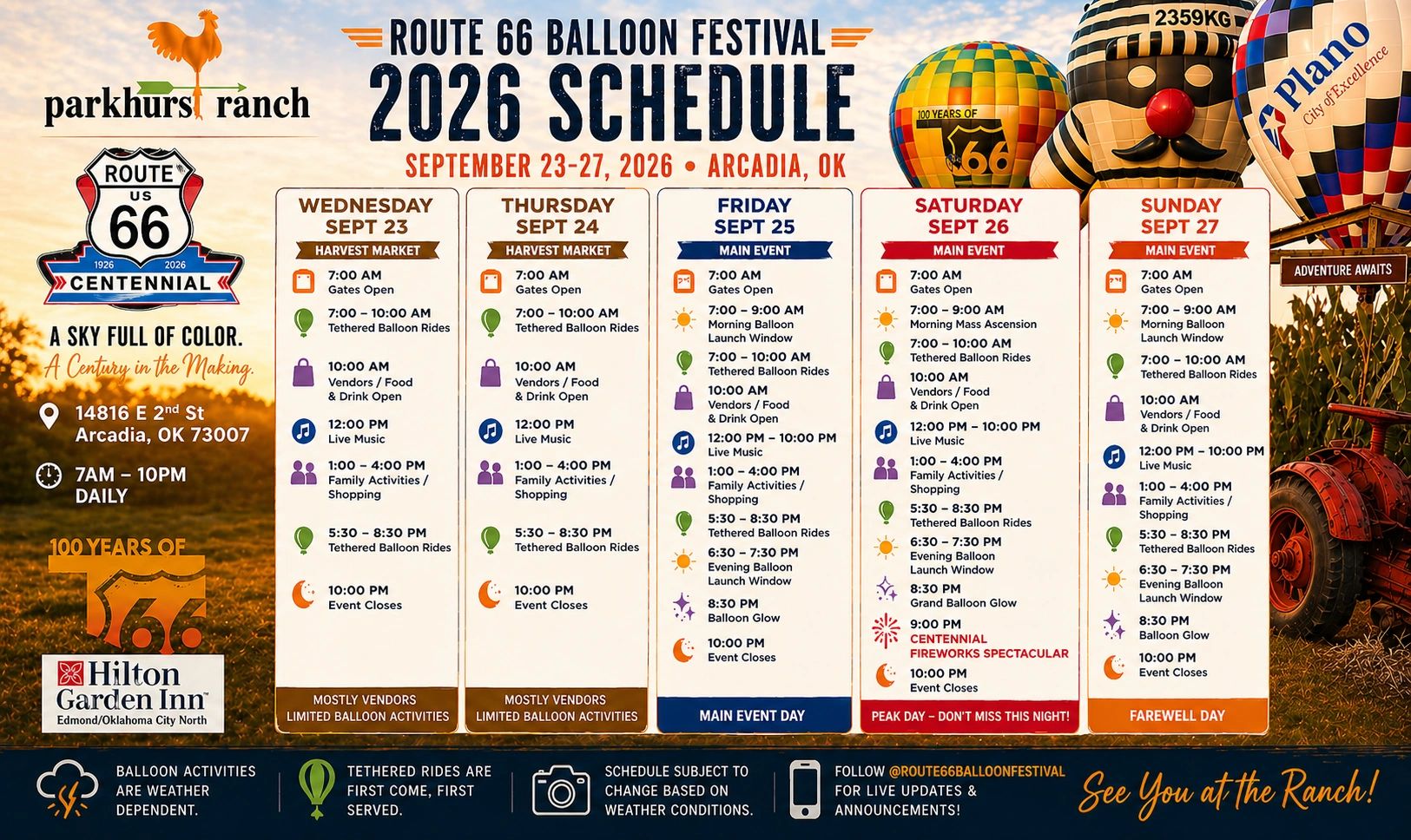 Route 66 Balloon Festival 2026 schedule with daily events from September 23-27 in Arcadia, OK.