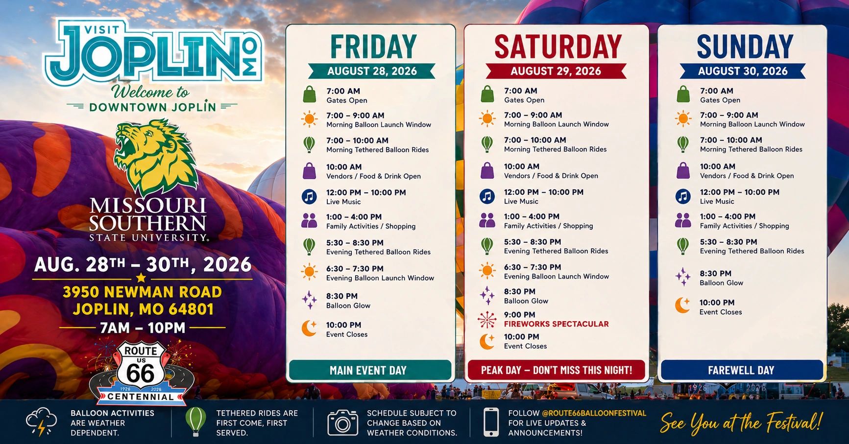 Schedule for the Route 66 Balloon Festival in Joplin, MO from August 28-30, 2026.