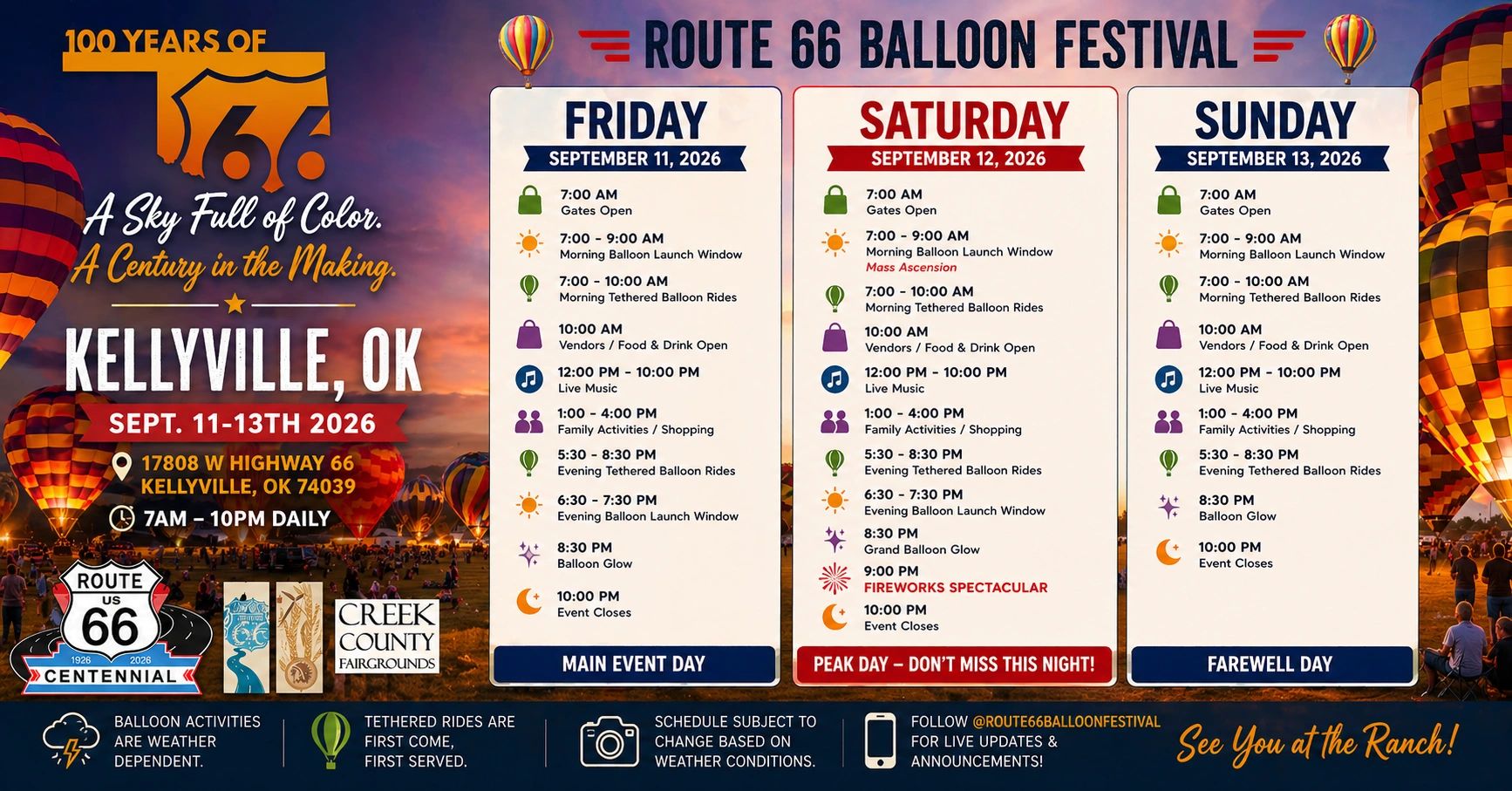 Schedule and details for the 2026 Route 66 Balloon Festival in Kellyville, OK, from September 11-13.