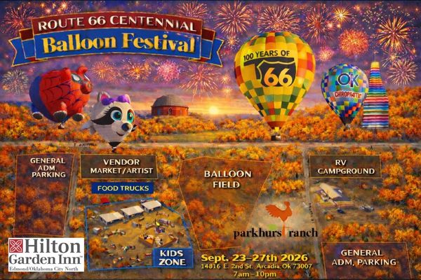 Route 66 Centennial Balloon Festival with colorful hot air balloons and fireworks.