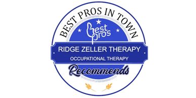 Blue and white background w/ text Best Pros in Town Ridge Zeller Therapy Occupational Therapy