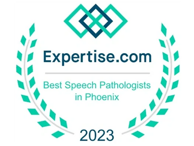 White and teal feather design w/ text Expertise.com Best Speech Pathologists in Phoenix 2023