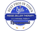 Badge reads Best Pros in Town Ridge Zeller Therapy Occupational Therapy. Blue and white badge.