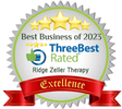Silver seal & gold stars, red ribbon of excellence. Text: Best Business of 2023 Ridge Zeller Therapy