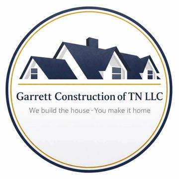 Logo of Garrett Construction of TN LLC with house rooftops and company tagline.