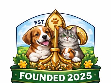 A cheerful dog, cat, and guinea pig with a golden emblem and 'Founded 2025' banner.