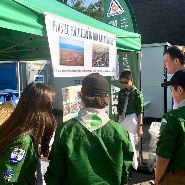 Youth members with the 1st Port Credit Sea Scouts education issue of plastic pollution in Great Lakes.