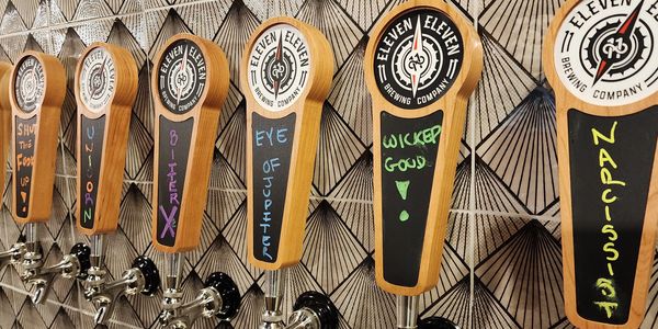 Tap handles at Eleven Eleven Brewing Company in Purcellville, Virginia.