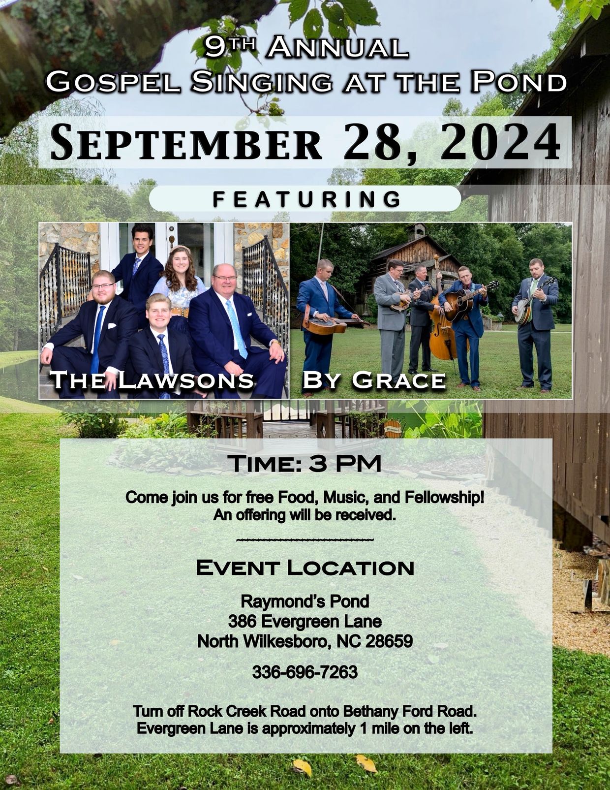 Flyer for the 9th Annual Gospel Singing at the Pond on September 28, 2024.