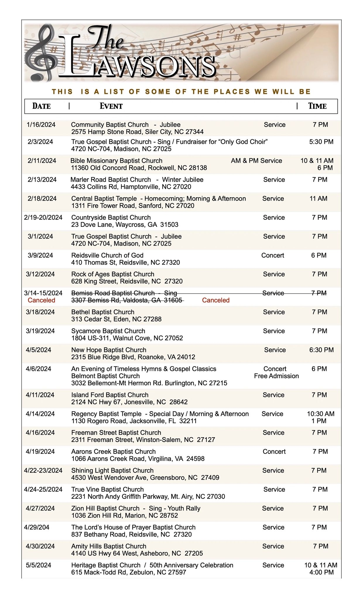 The Lawsons' 2024 event schedule for church services and concerts.