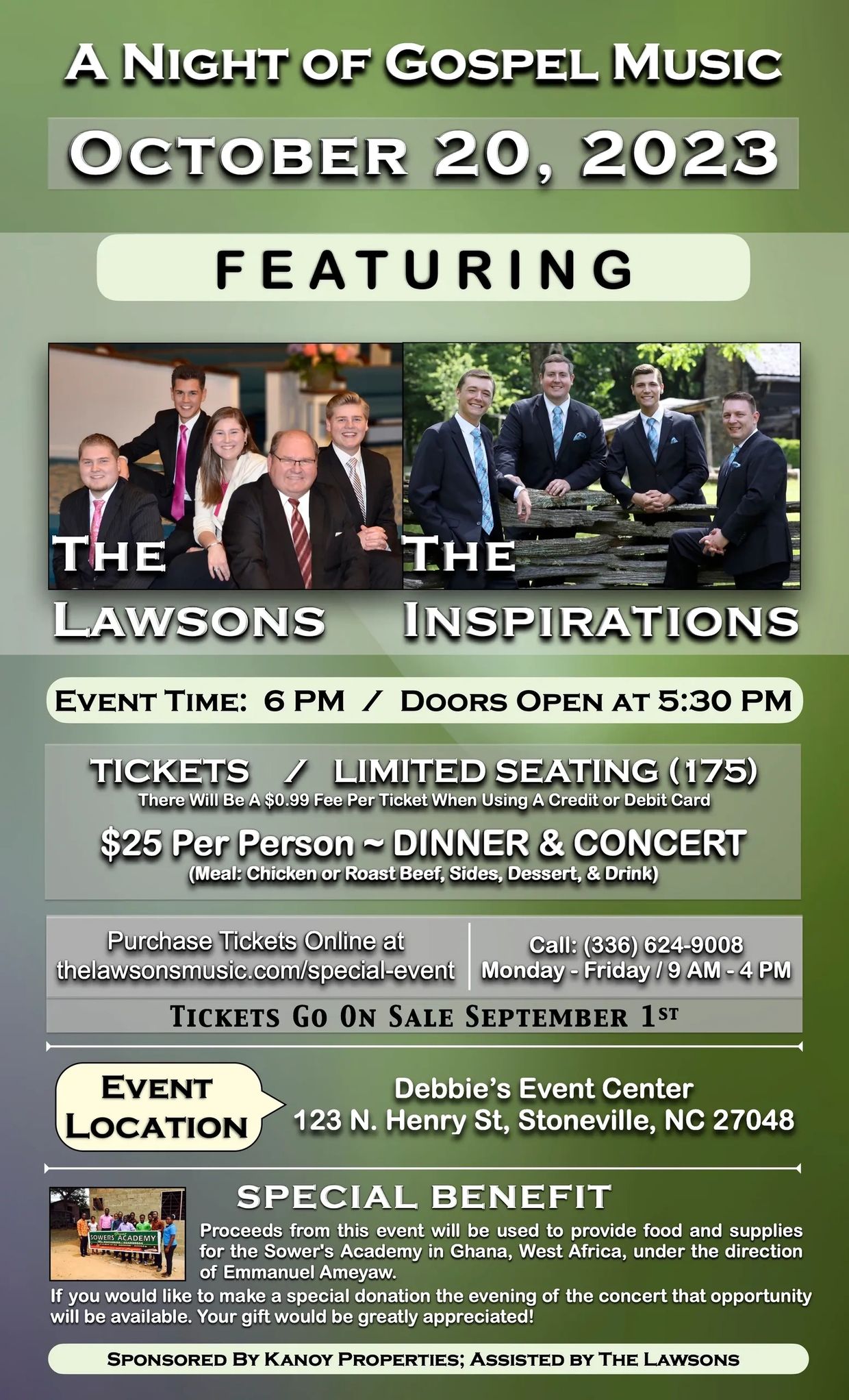 A Night of Gospel Music event poster featuring The Lawsons and The Inspirations on Oct 20, 2023.