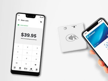 Mobile payment using phone and contactless card reader for $39.95 sale.