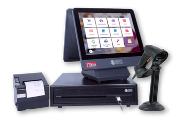 Retail point-of-sale system with touchscreen, receipt printer, cash drawer, and barcode scanner.