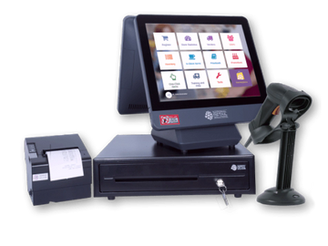 Retail point-of-sale system with touchscreen, receipt printer, cash drawer, and barcode scanner.