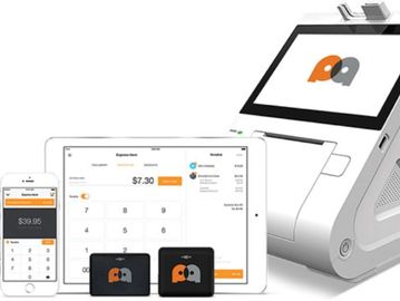 A set of modern payment and point-of-sale devices including a terminal, smartphone, tablet, and card readers.