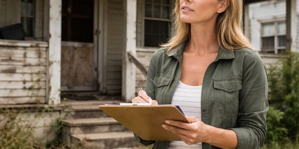 Woman holding clipboard in front of an old, weathered house.